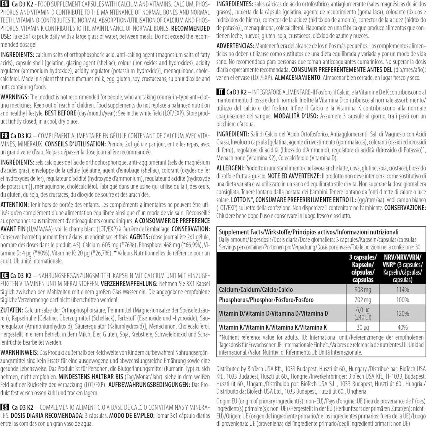 BioTechUSA CA-D3-K2 - calcio fosforo vitamina D3 K2 capsule ossa denti Tabella Nutrizionale - Punto Fitness Potenza