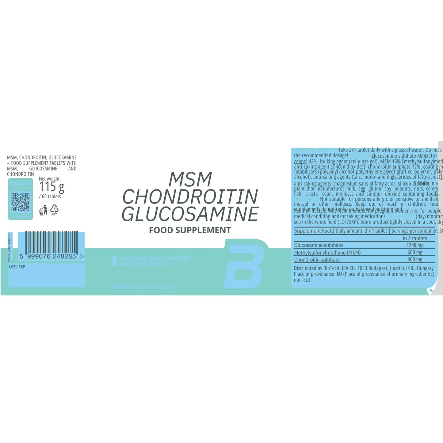 Biotech MSM Chondroitin Glucosamine 60 capsule - articolazioni e tendini Glucosamina Condroitina informazioni nutrizionali - Punto Fitness Potenza