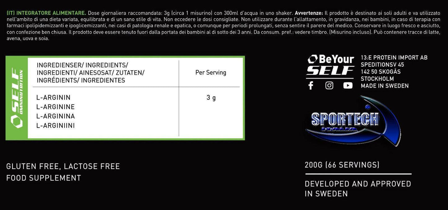 Self Omninutrition L-ARGININE arginina pura in polvere Tabella Nutrizionale - Punto Fitness