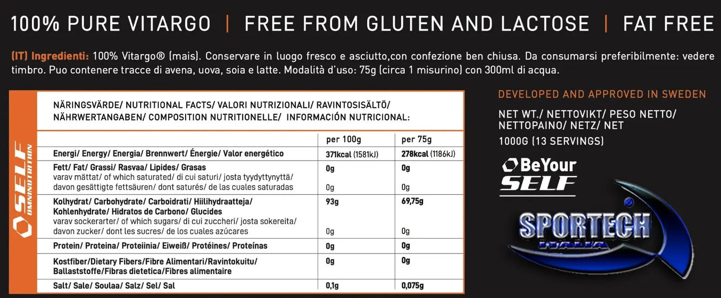 Self Omninutrition Pure Vitargo polvere carboidrati rapido assorbimento tabella nutrizionale | Punto Fitness Potenza integratori