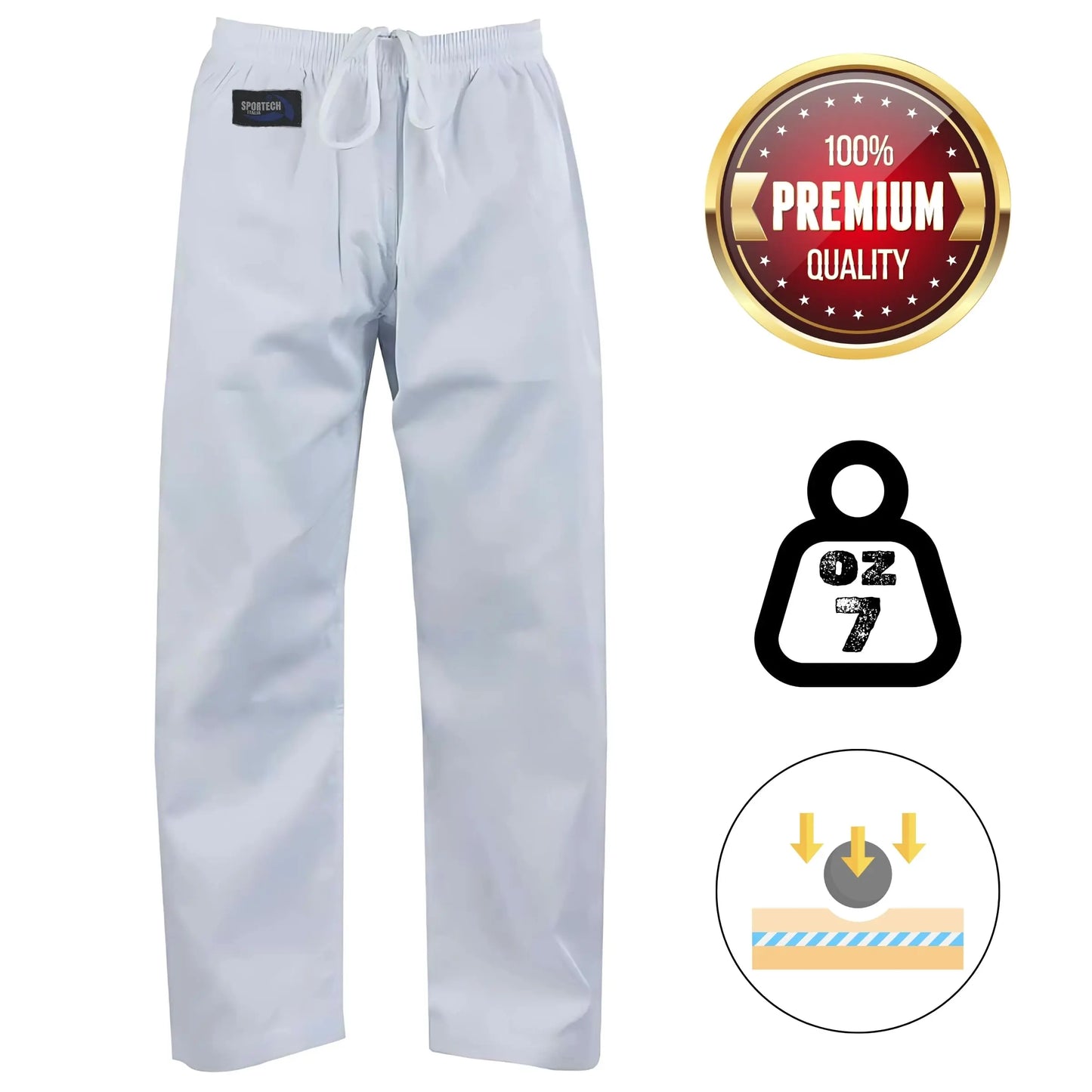 Pantaloni Arti Marziali Karate Kumite KungFu Wushu JuJitsu Judo Tai Chi Shaolin bianco caratteristiche - Punto Fitness Potenza