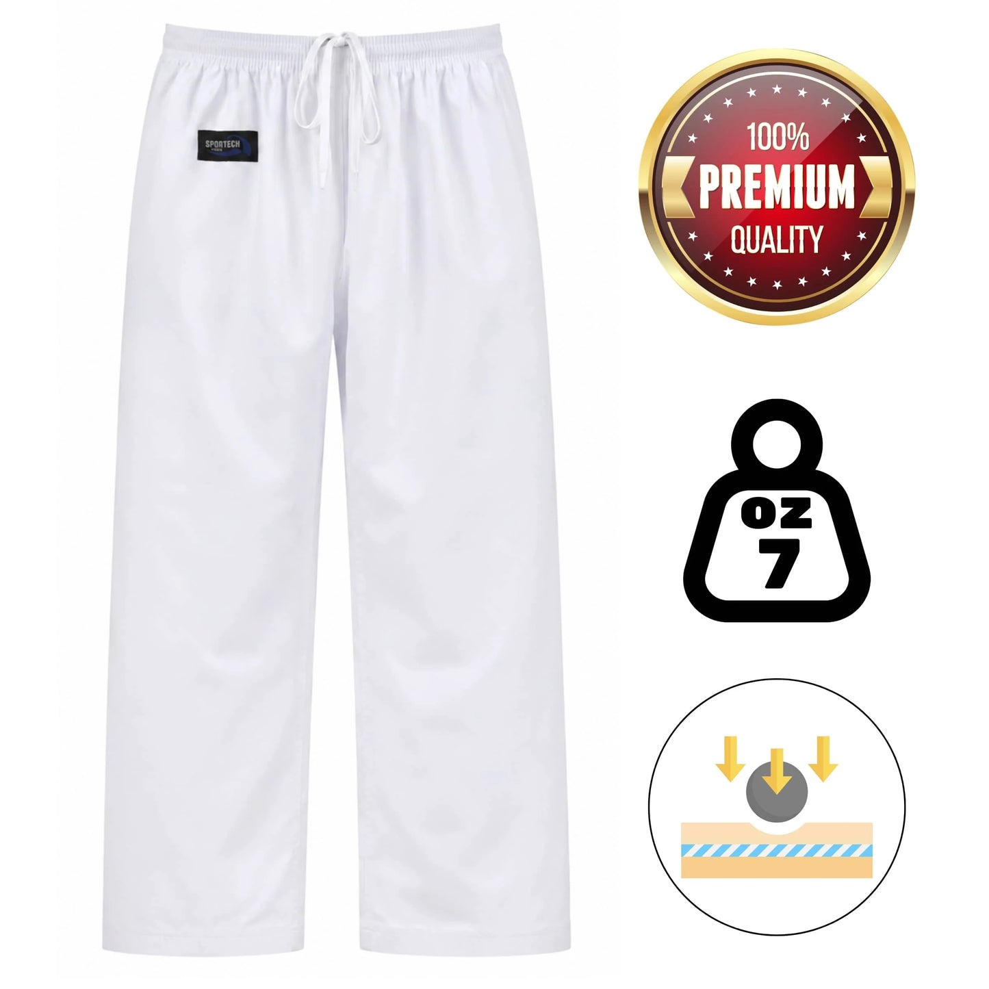 Pantaloni Arti Marziali Karate Kumite KungFu Wushu JuJitsu Judo Tai Chi Shaolin bianco caratteristiche - Punto Fitness Potenza
