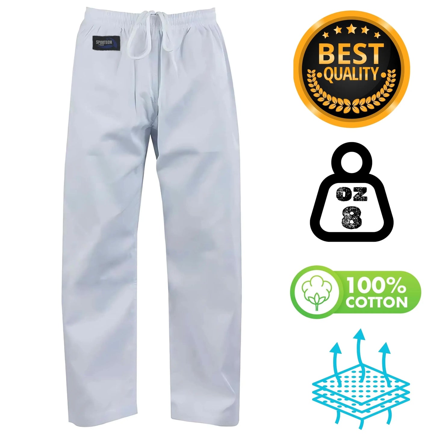 Sportech Pantaloni Cotone Arti Marziali Karate KungFu Wushu JuJitsu Judo Tai Chi colore bianco Caratteristiche - Punto Fitness Potenza