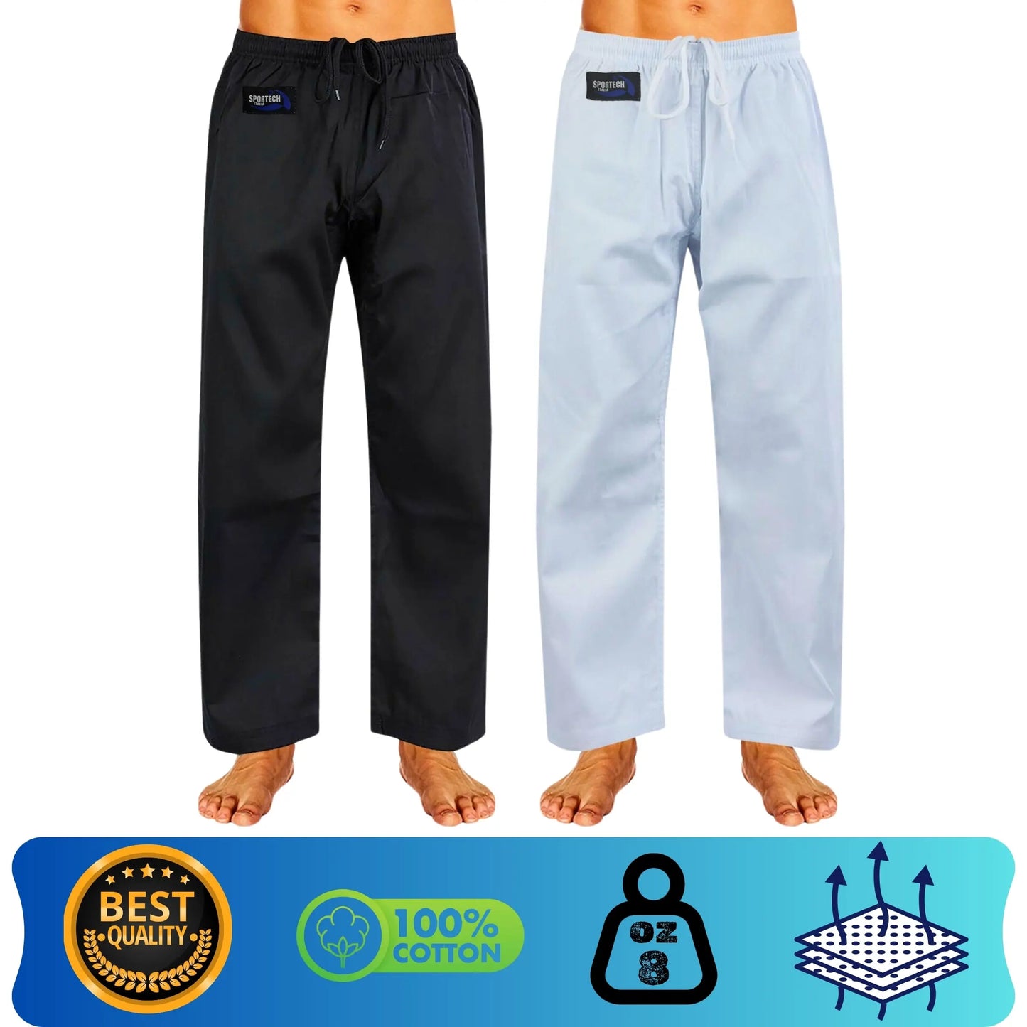Sportech Pantaloni Cotone Arti Marziali Karate KungFu Wushu JuJitsu Judo Tai Chi colore bianco nero - Punto Fitness Potenza