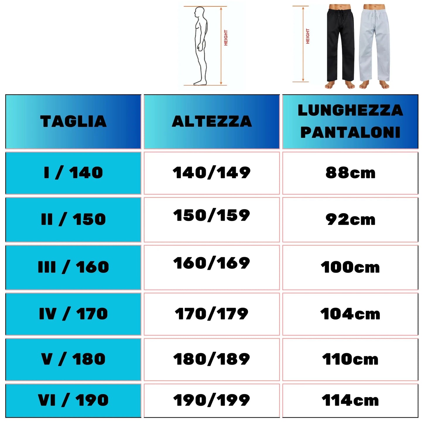 Sportech Pantaloni Cotone Arti Marziali Karate KungFu Wushu JuJitsu Judo Tai Chi tabella misure - Punto Fitness Potenza