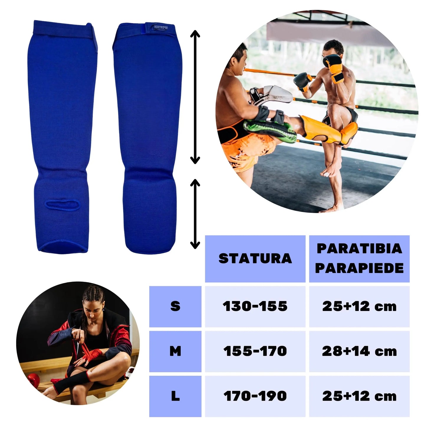 Paratibiapiede imbottito Sportech paratibia e parapiede imbottiti Arti Marziali Muay Thai Kickboxing Karate Colore Blu Misure - Punto Fitness Potenza