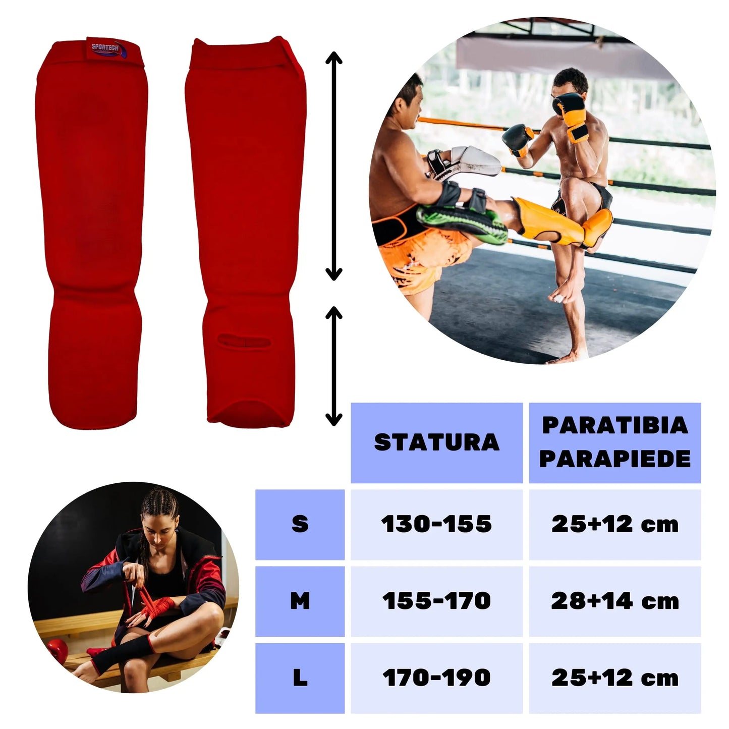Paratibiapiede imbottito Sportech paratibia e parapiede imbottiti Arti Marziali Muay Thai Kickboxing Karate Colore Rosso Misure - Punto Fitness Potenza