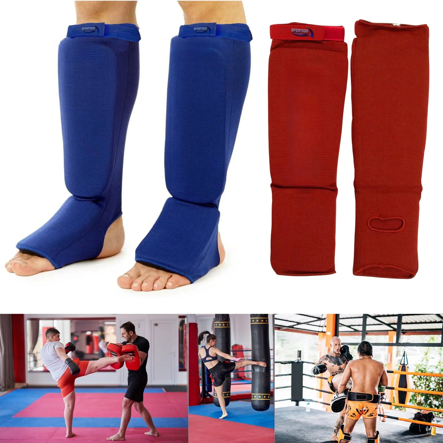 Paratibiapiede imbottito Sportech paratibia e parapiede imbottiti Arti Marziali Muay Thai Kickboxing Karate Colore Blu Rosso - Punto Fitness Potenza