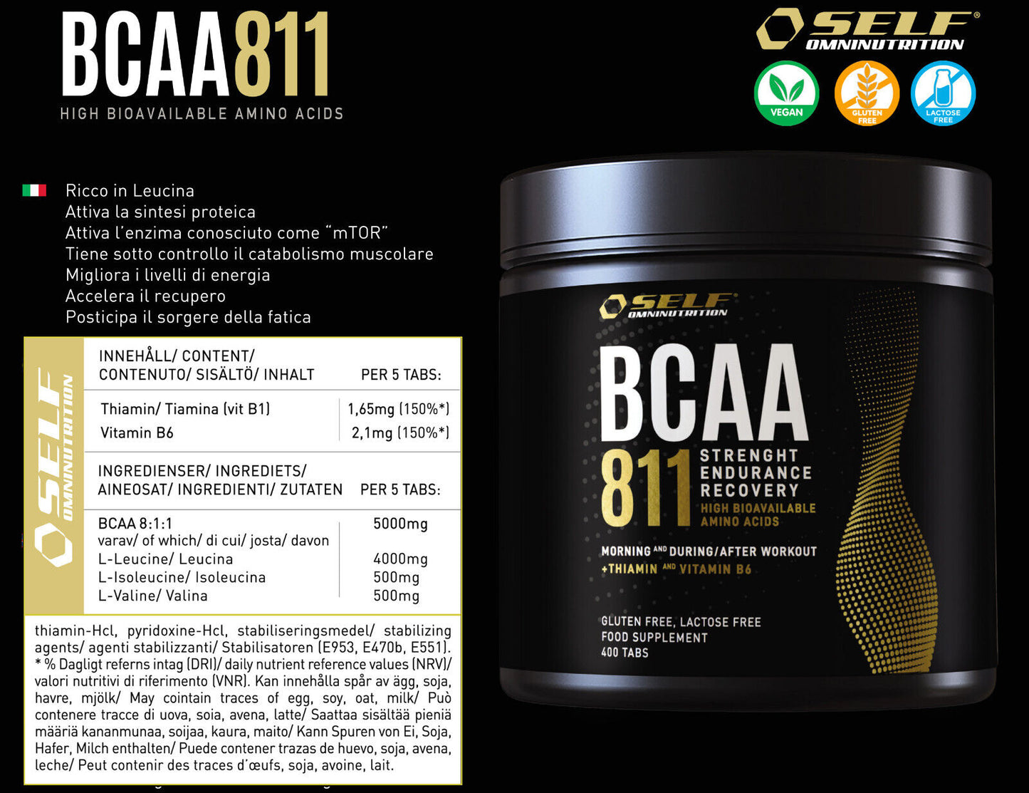 Self BCAA 811 aminoacidi ramificati 200/400t rapporto 8:1:1, NO lattosio/glutine - Punto Fitness
