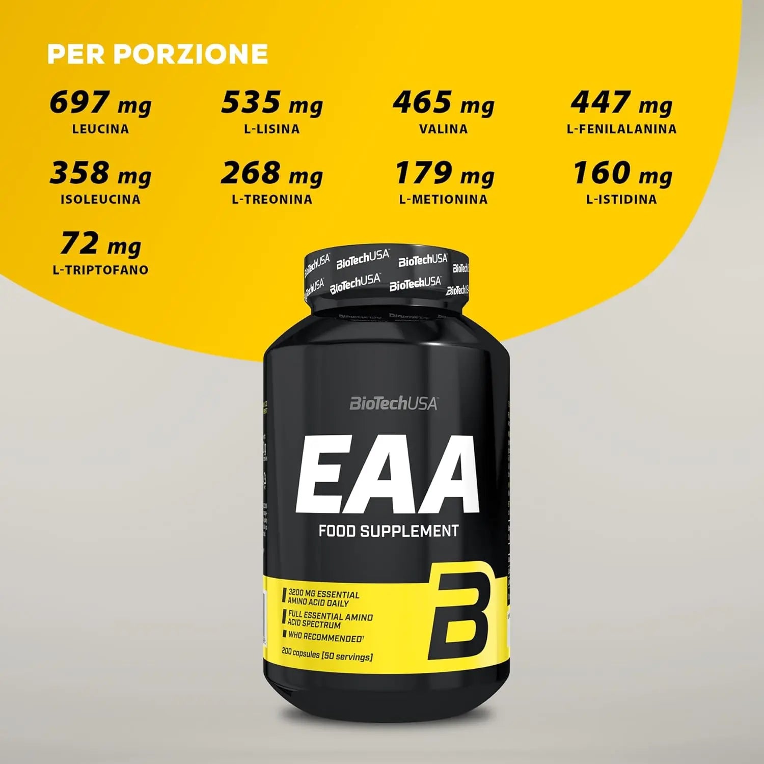 BioTechUSA EAA aminoacidi essenziali 200 capsule Contenuto - Punto Fitness Potenza