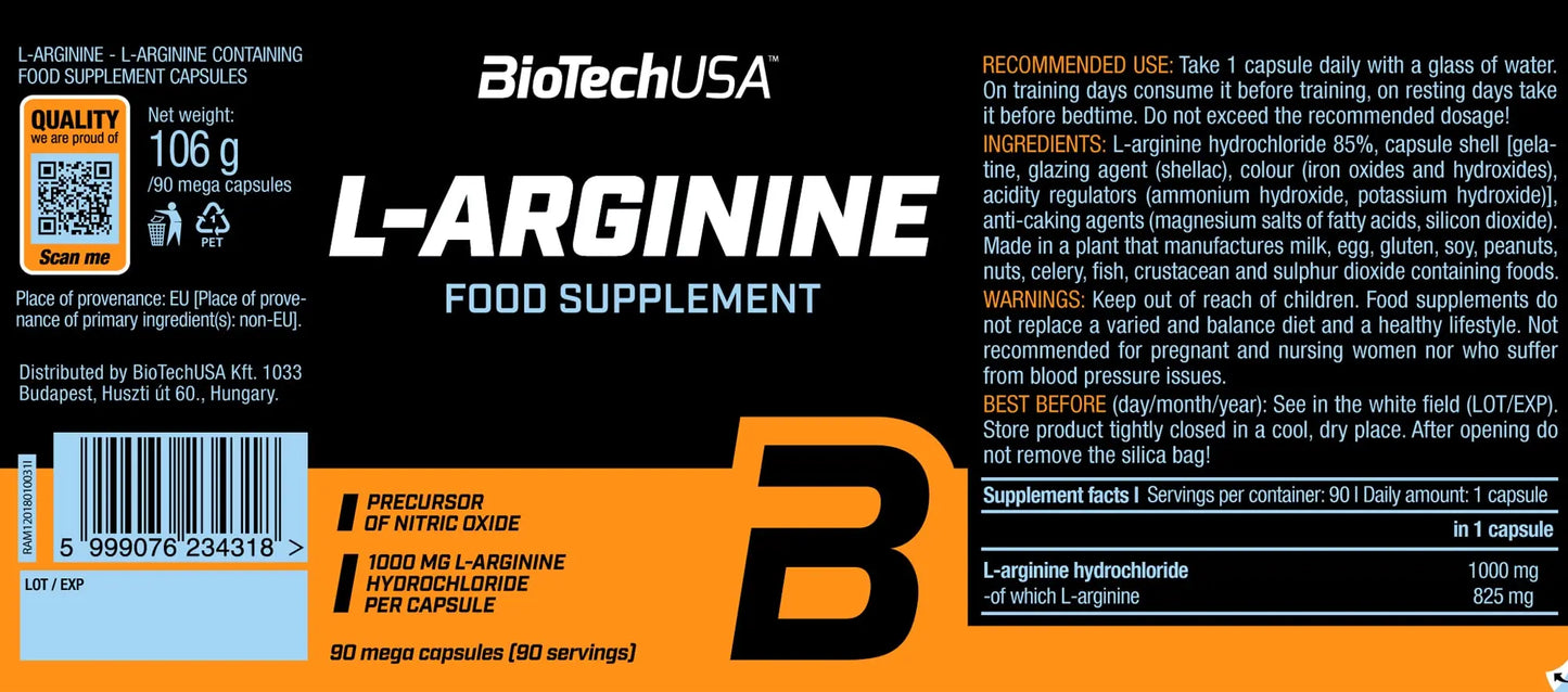 BioTechUSA L-arginine - Arginina in capsule stimolo produzione ossido nitrico Tabella nutrizionale - Punto Fitness Potenza