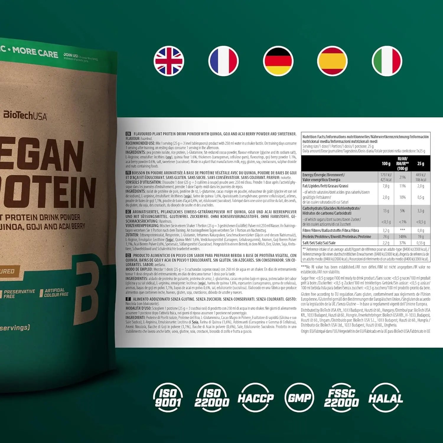 Biotech Vegan Protein - Proteine vegetali senza Glutine e Lattosio 500g Tabella Nutrizionale - Punto Fitness Potenza