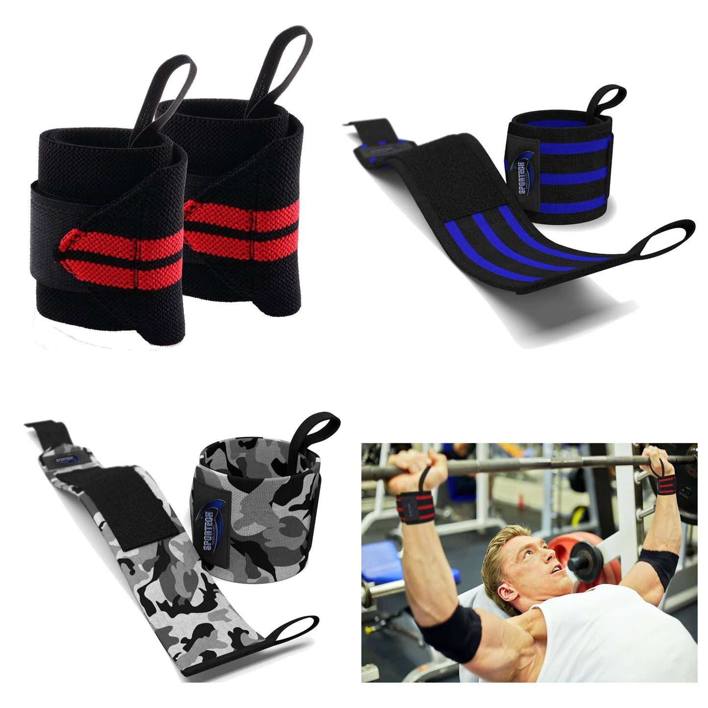 Sportech Italia - Polsiere Palestra Professionali, Polsini Straps Elastici per Grip Sollevamento Pesi, Fasce Strap per Allenamento Bodybuilding Crossfit Powerlifting - Punto Fitness Potenza