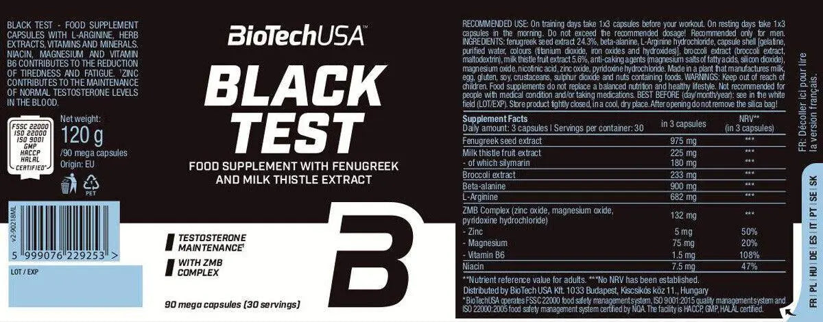 Biotech BLACK TEST - Stimolante testosterone in capsule Tabella Nutrizionale - Punto Fitness Potenza