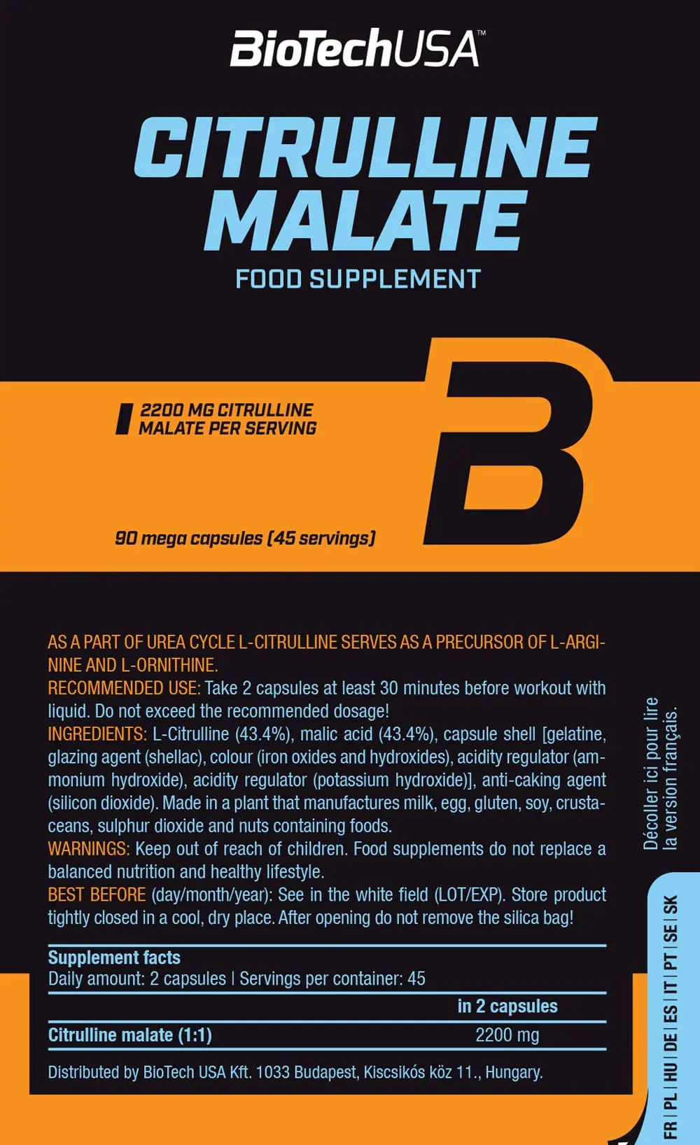 BioTech Citrulline Malate - citrullina in capsule stimolazione ossido nitrico Tabella Nutrizionale - Punto Fitness Potnza