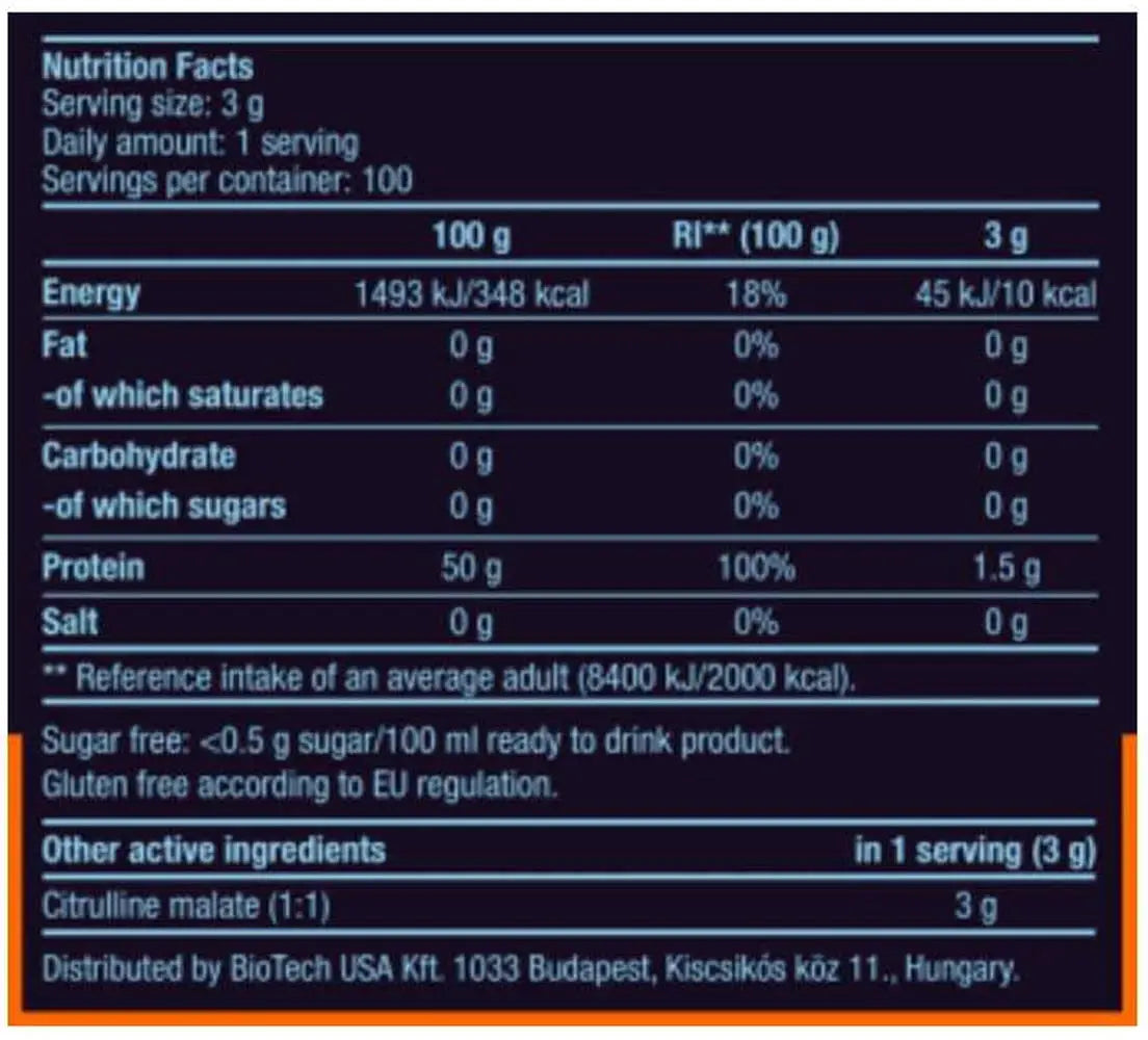 BioTech Citrulline Malate - Citrullina in polvere stimolante ossido nitrico Tabella Nutrizionale - Punto Fitness Potenza