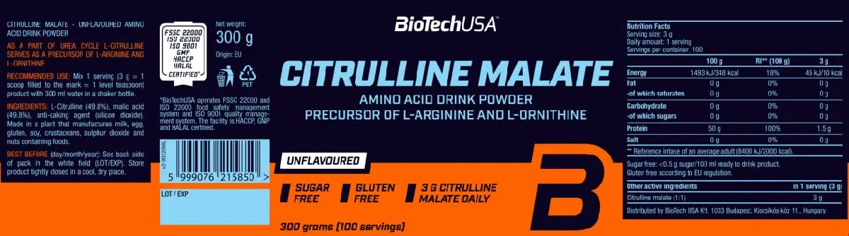 BioTech Citrulline Malate - Citrullina in polvere stimolante ossido nitrico Etichetta - Punto Fitness Potenza