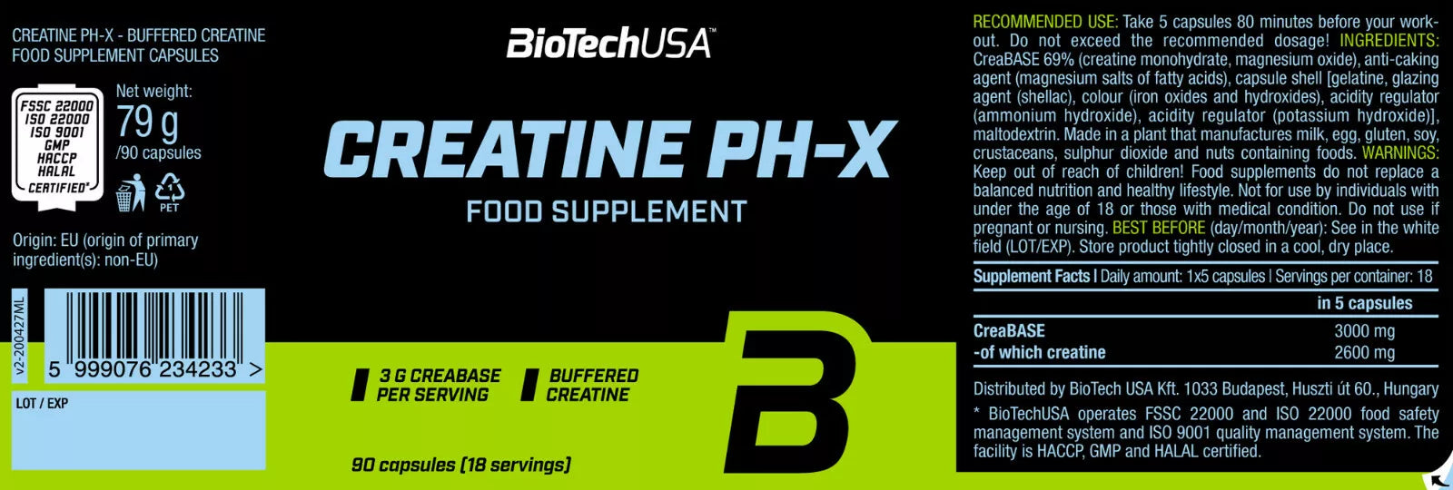 Biotech Creatine pH-X creatina in capsule formula tamponata PHX tabella nutrizionale - Punto Futness Potenza