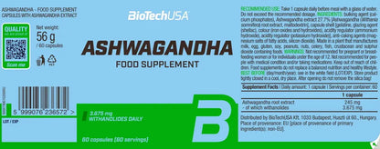 Biotech estratto di radice di Ashwagandha 60 capsule Supporto immunitario e antistress Etichetta - Punto Fitness Potenza