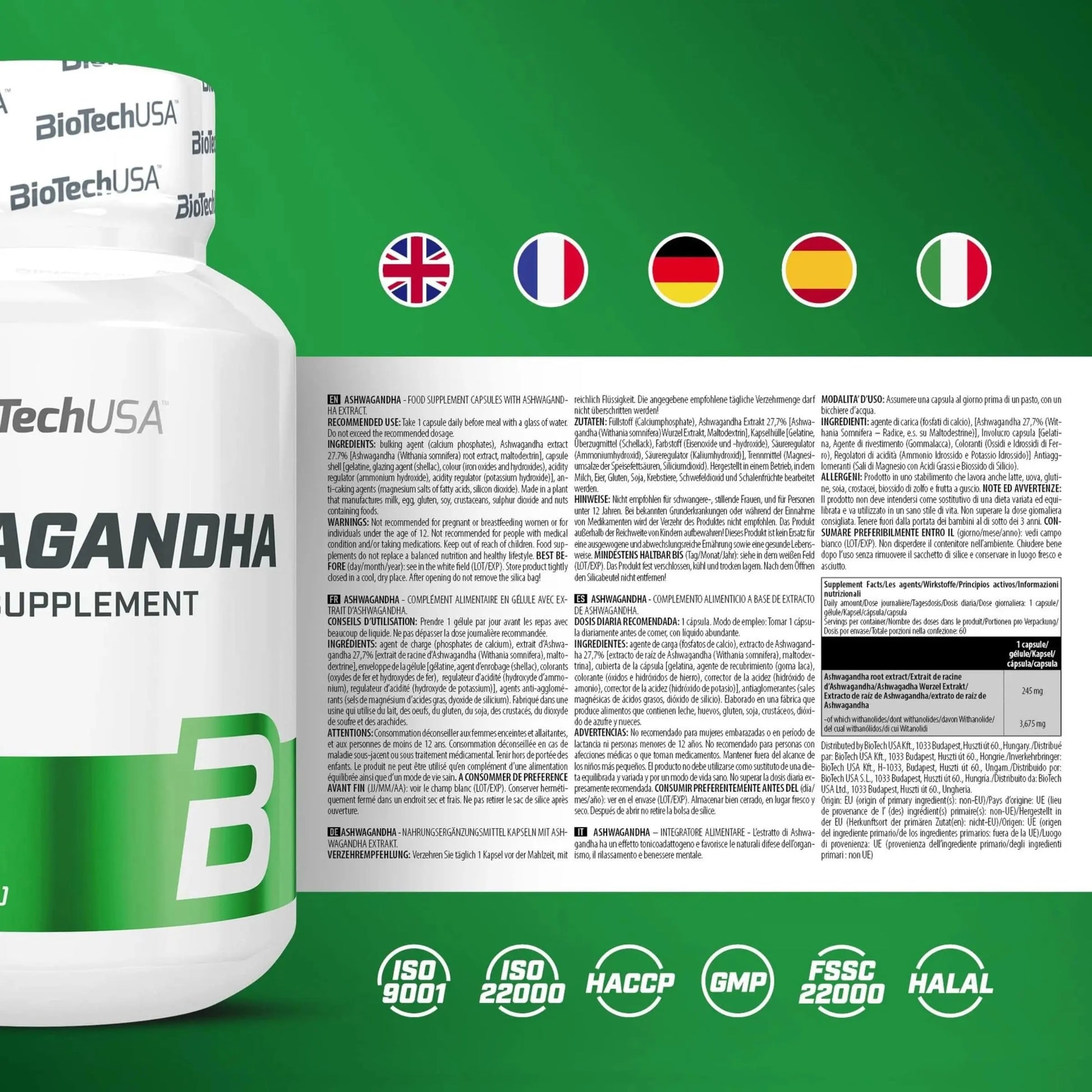 Biotech estratto di radice di Ashwagandha 60 capsule Supporto immunitario e antistress - Informazioni Nutrizionali - Punto Fitness Potenza