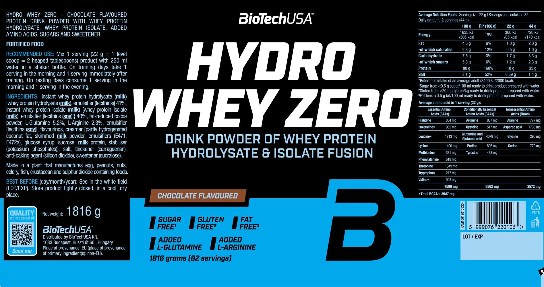 BioTech Hydro Whey ZERO - Proteine in polvere idrolizzate Etichetta - Punto Fitness Potenza