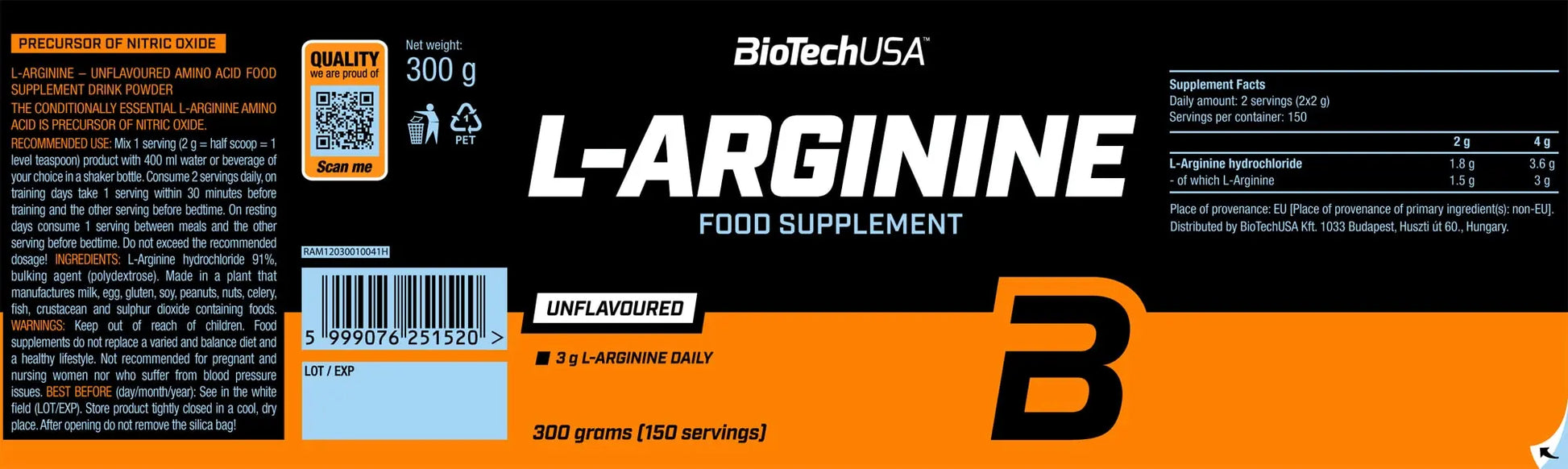 BioTech L-arginine - Arginina in polvere stimolo produzione ossido nitrico Tabella Nutrizionale - Punto Fitness Potenza