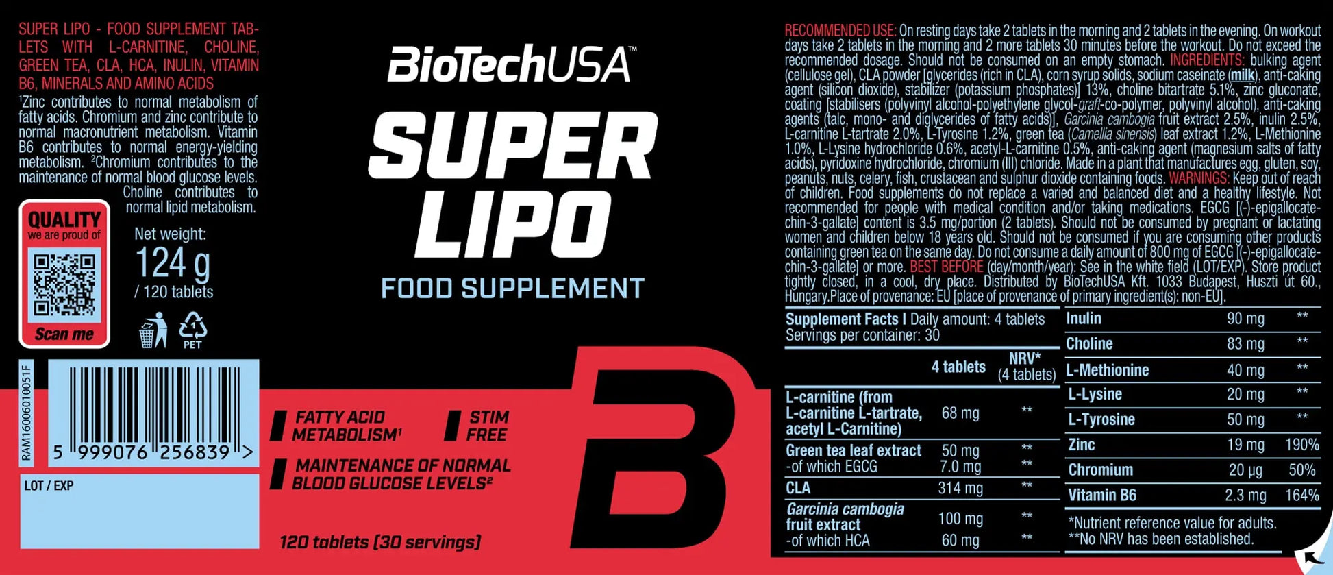 BioTechUSA Super Lipo - dimagrante termogenico brucia grassi Tabella Nutrzionale - Punto Fitness Potenza