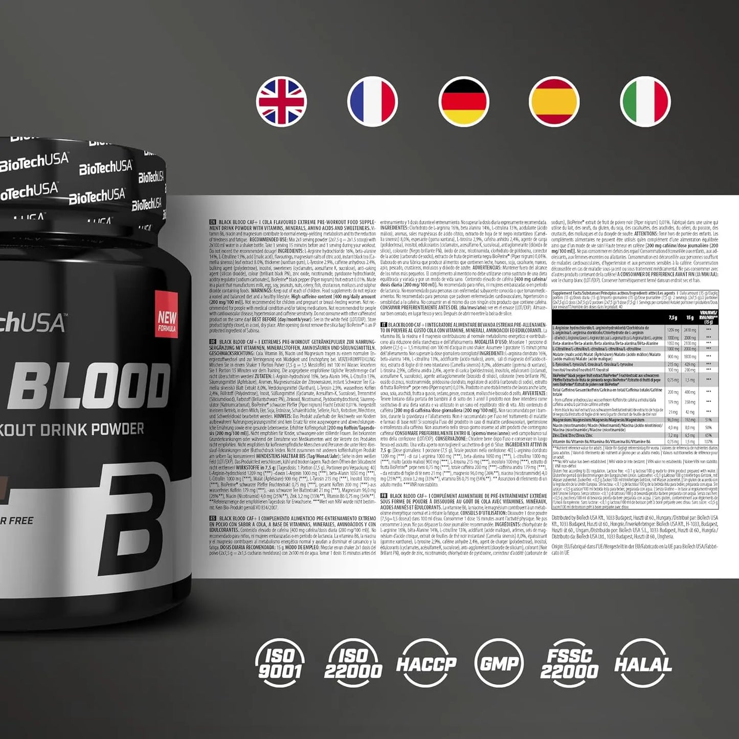 BiotechUSA - Black Blood Ireworkout in polvere Caf+ senza Glutine e Lattosio Tabella nutrizionale - Punto Fitness Potenza