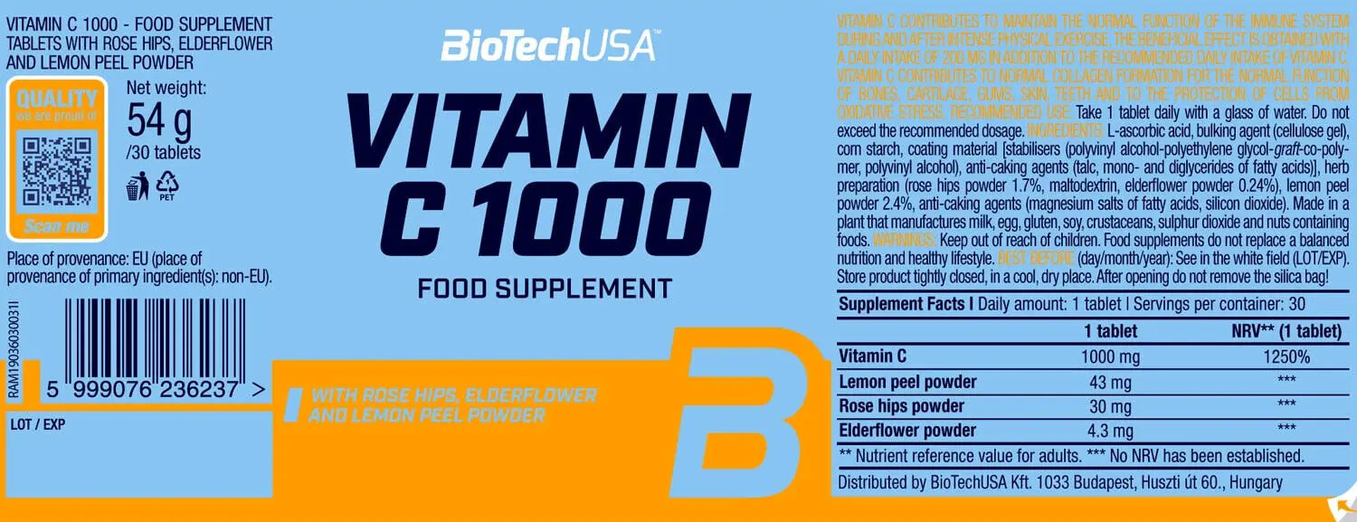 Biotech Vitamin C con Bioflavonoidi -  Vitamina C 1000mg 250 capsule - Punto Fitness Potenza