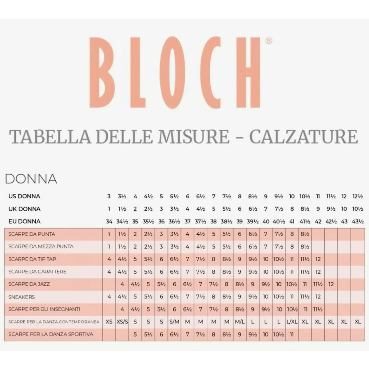 Bloch Scarpe Danza Classica - Tabella conversione misure | Punto Fitness 