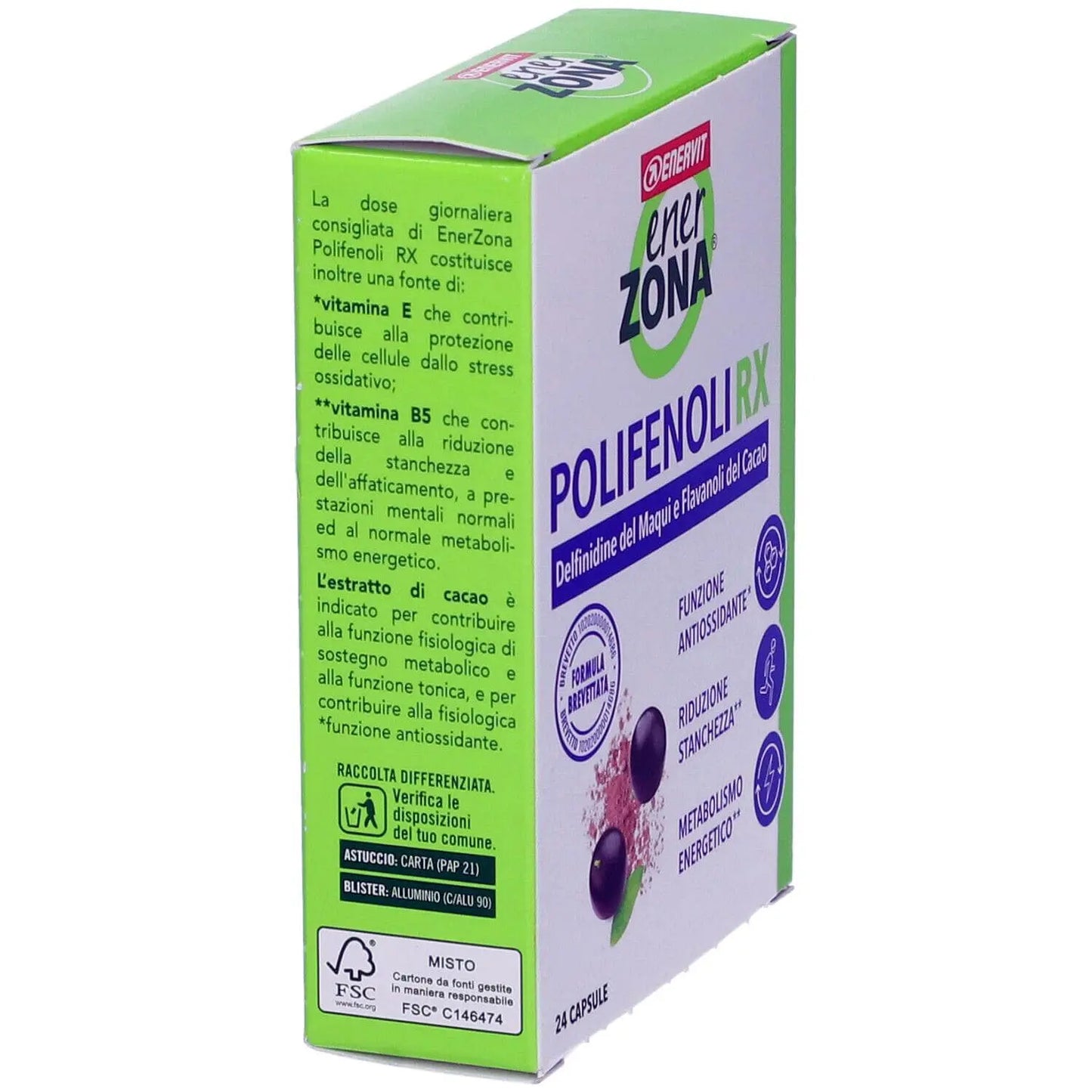 Enervit EnerZona Polifenoli RX Antiossidante Maqui capsule lato sinistro scatola - Punto Fitness Potenza