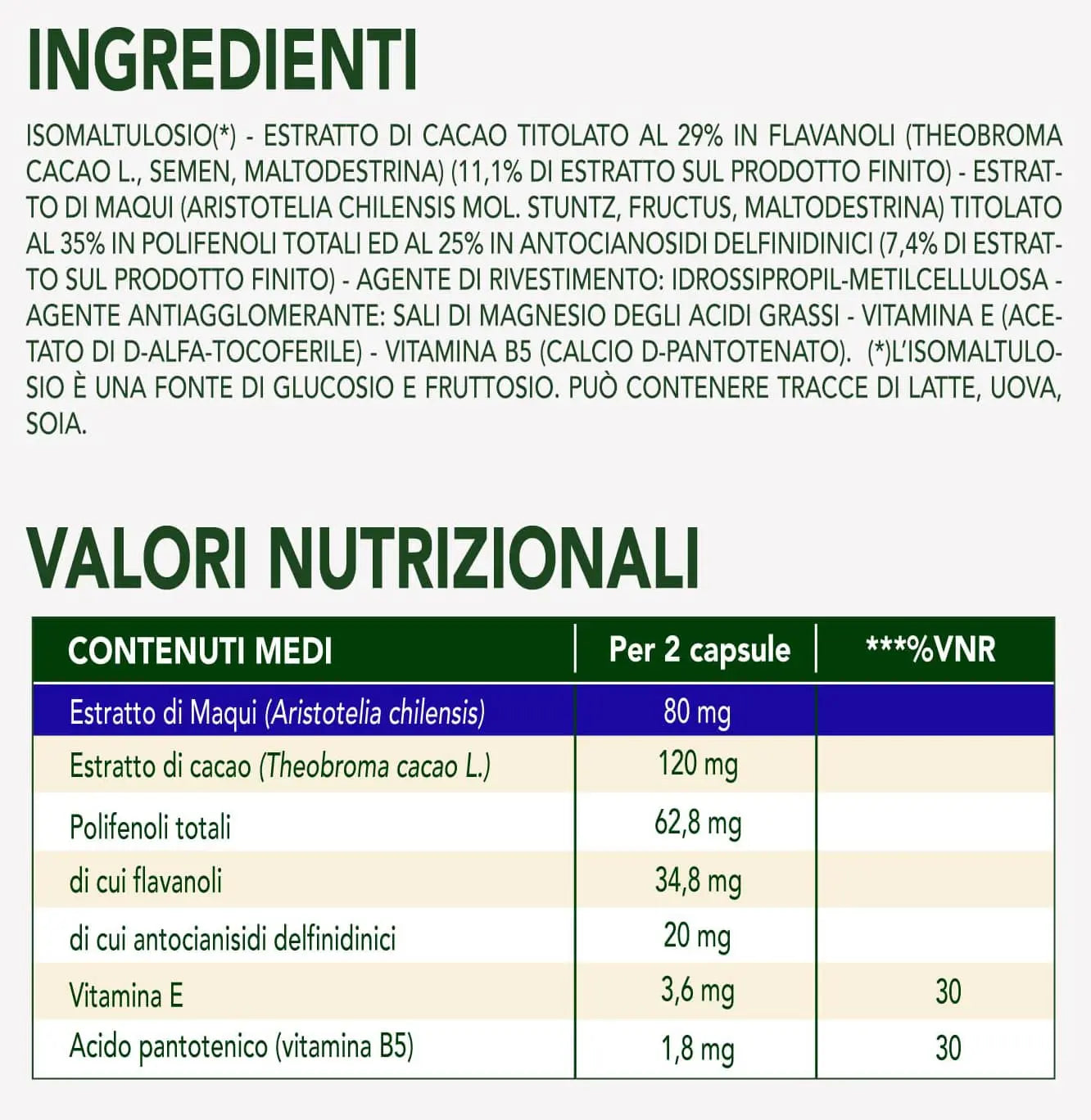 Enervit EnerZona Polifenoli RX Antiossidante Maqui capsule Valori Nutrizionali - Punto Fitness Potenza