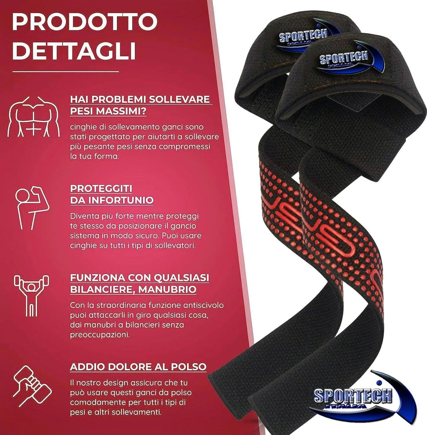Sportech - Fasce per stacchi pesi palestra, cinghie sollevamento pesi polsiere straps allenamento Bodybuilding Powerlifting - Punto Fitness Potenza