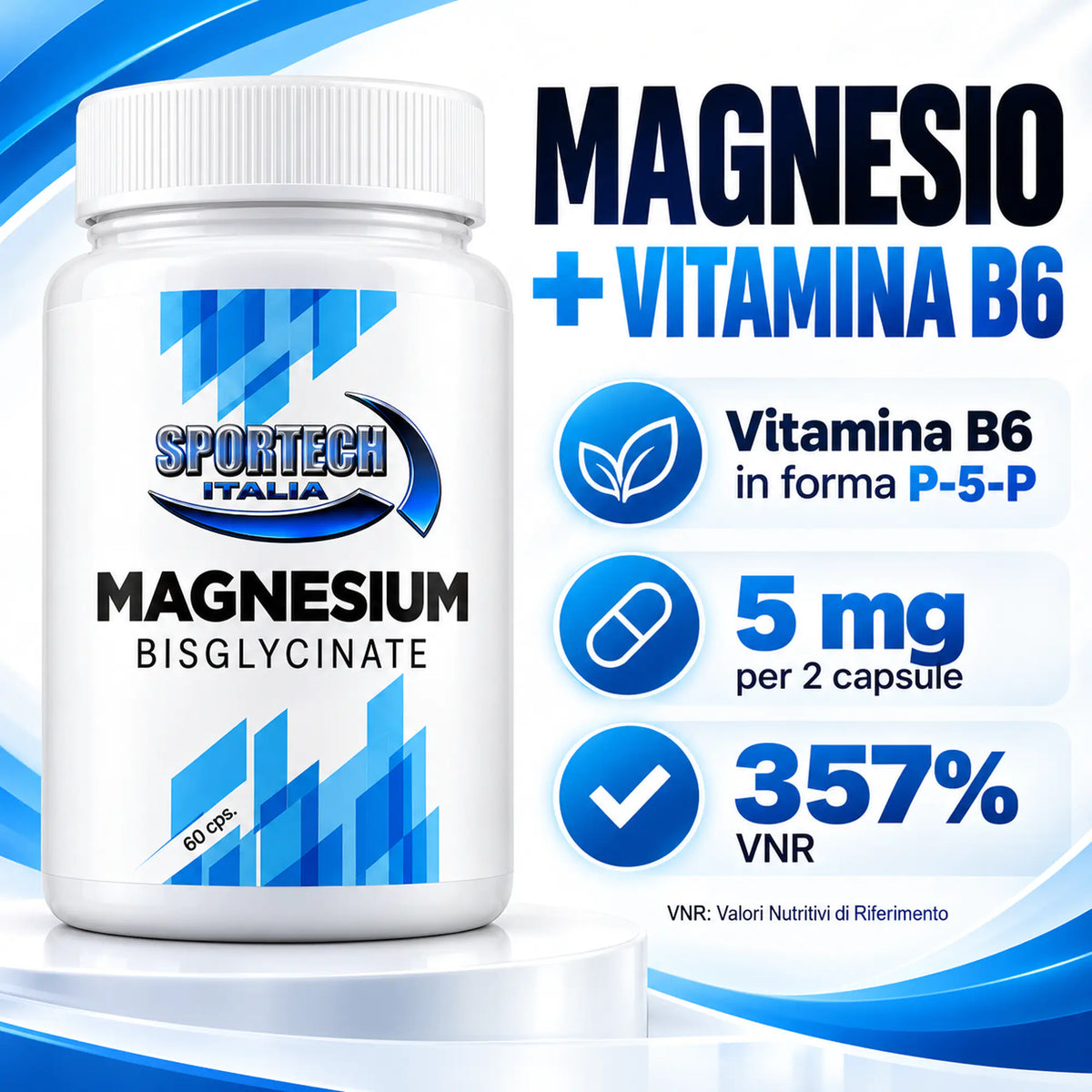 Sportech Magnesium Bisglycinate 60 capsule - Magnesio Bisglicinato Vegan senza Glutine e Lattosio formula con vitamina B6 | Punto Fitness