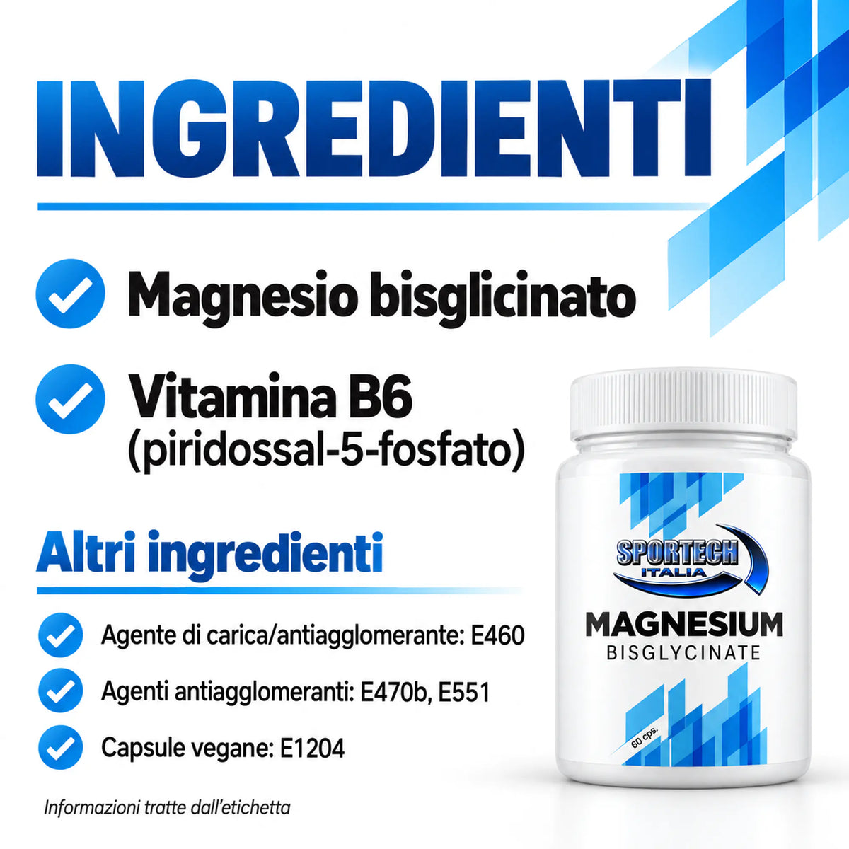 Sportech Magnesium Bisglycinate 60 capsule - Magnesio Bisglicinato Vegan senza Glutine e Lattosio ingredienti | Punto Fitness