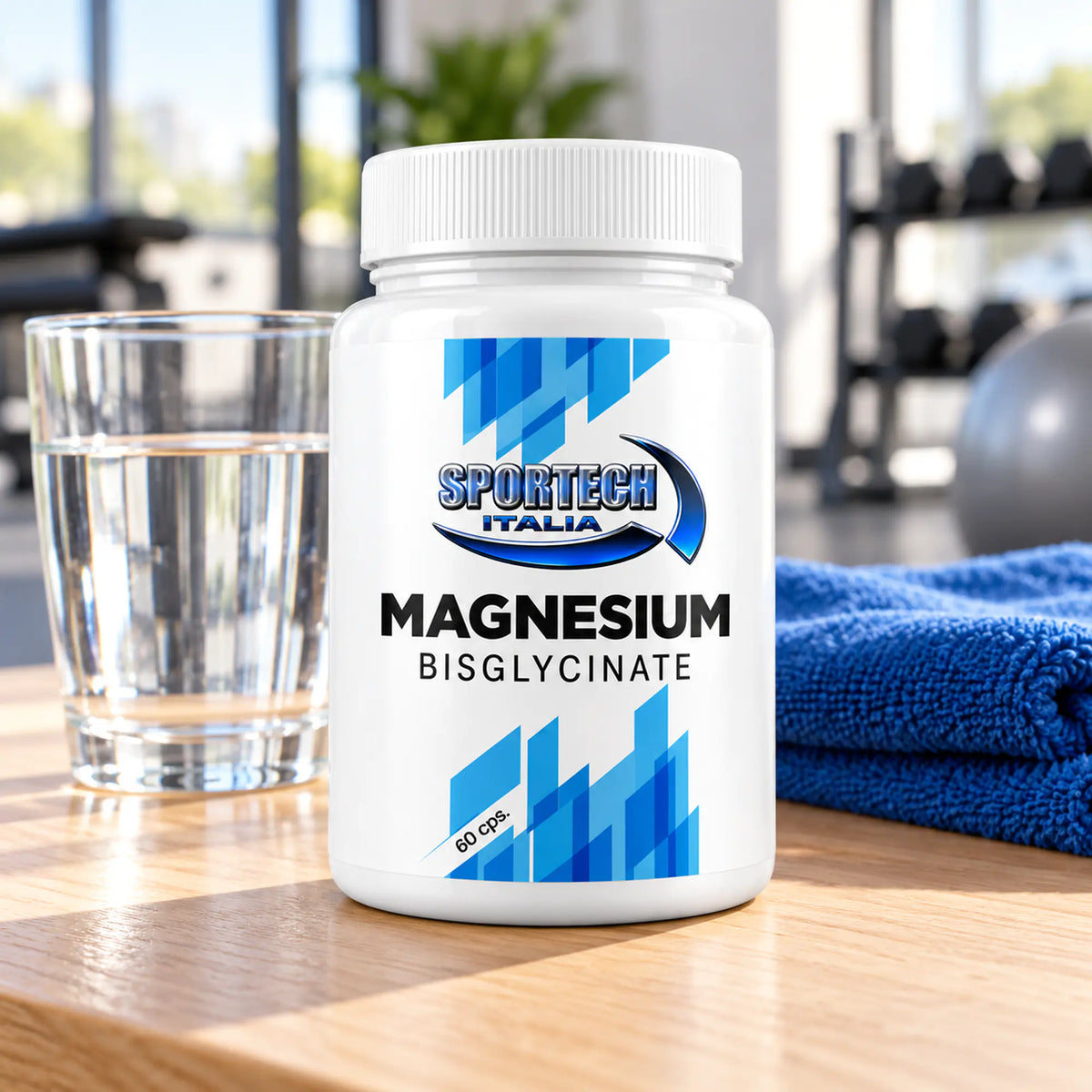 Sportech Magnesium Bisglycinate 60 capsule - Magnesio Bisglicinato Vegan senza Glutine e Lattosio lifestyle confezione con bicchiere d'acqua | Punto Fitness