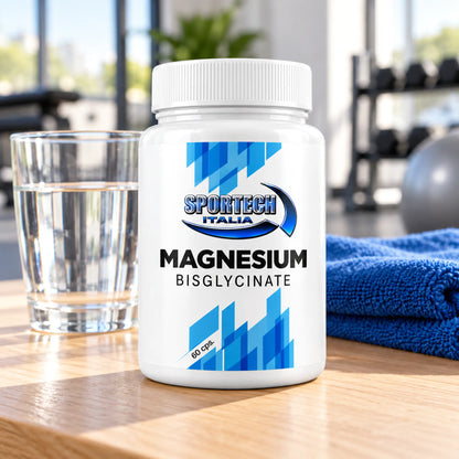 Sportech Magnesium Bisglycinate 60 capsule - Magnesio Bisglicinato Vegan senza Glutine e Lattosio lifestyle confezione con bicchiere d'acqua | Punto Fitness