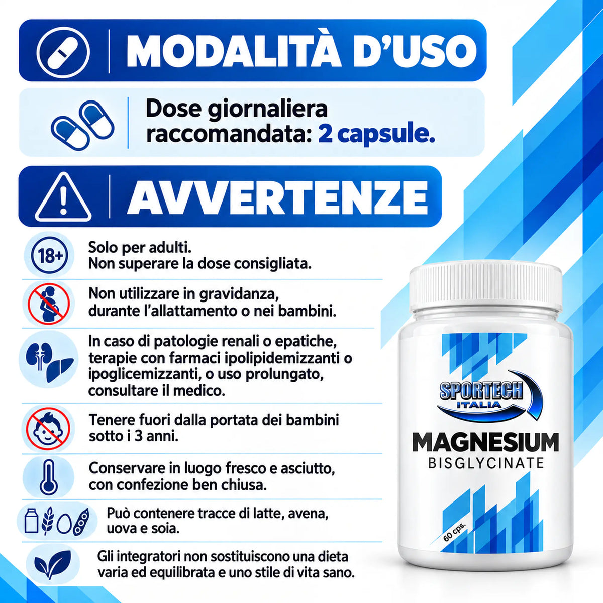 Sportech Magnesium Bisglycinate 60 capsule - Magnesio Bisglicinato Vegan senza Glutine e Lattosio modalità d'uso e avvertenze | Punto Fitness
