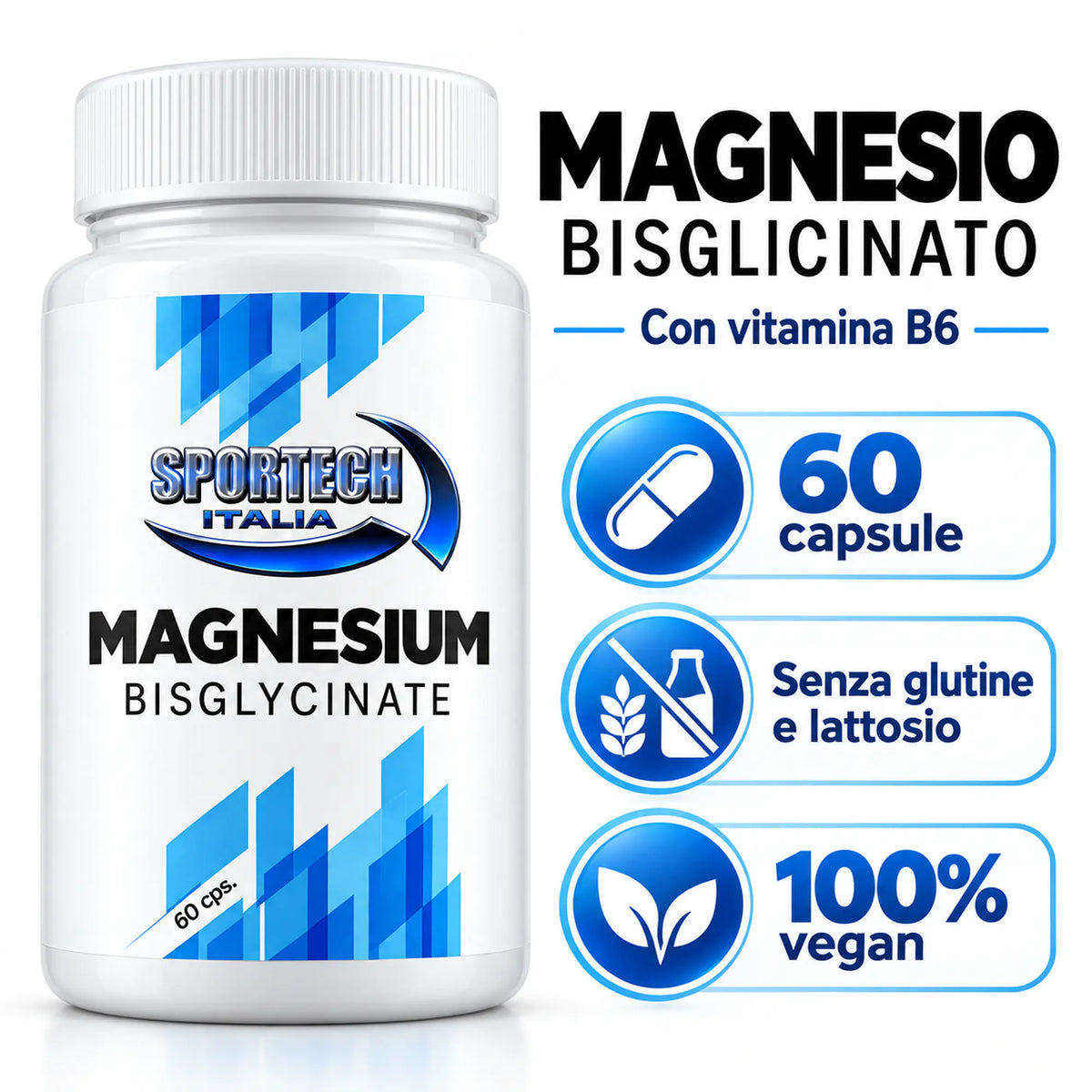 Sportech Magnesium Bisglycinate 60 capsule - Magnesio Bisglicinato Vegan senza Glutine e Lattosio | Punto Fitness