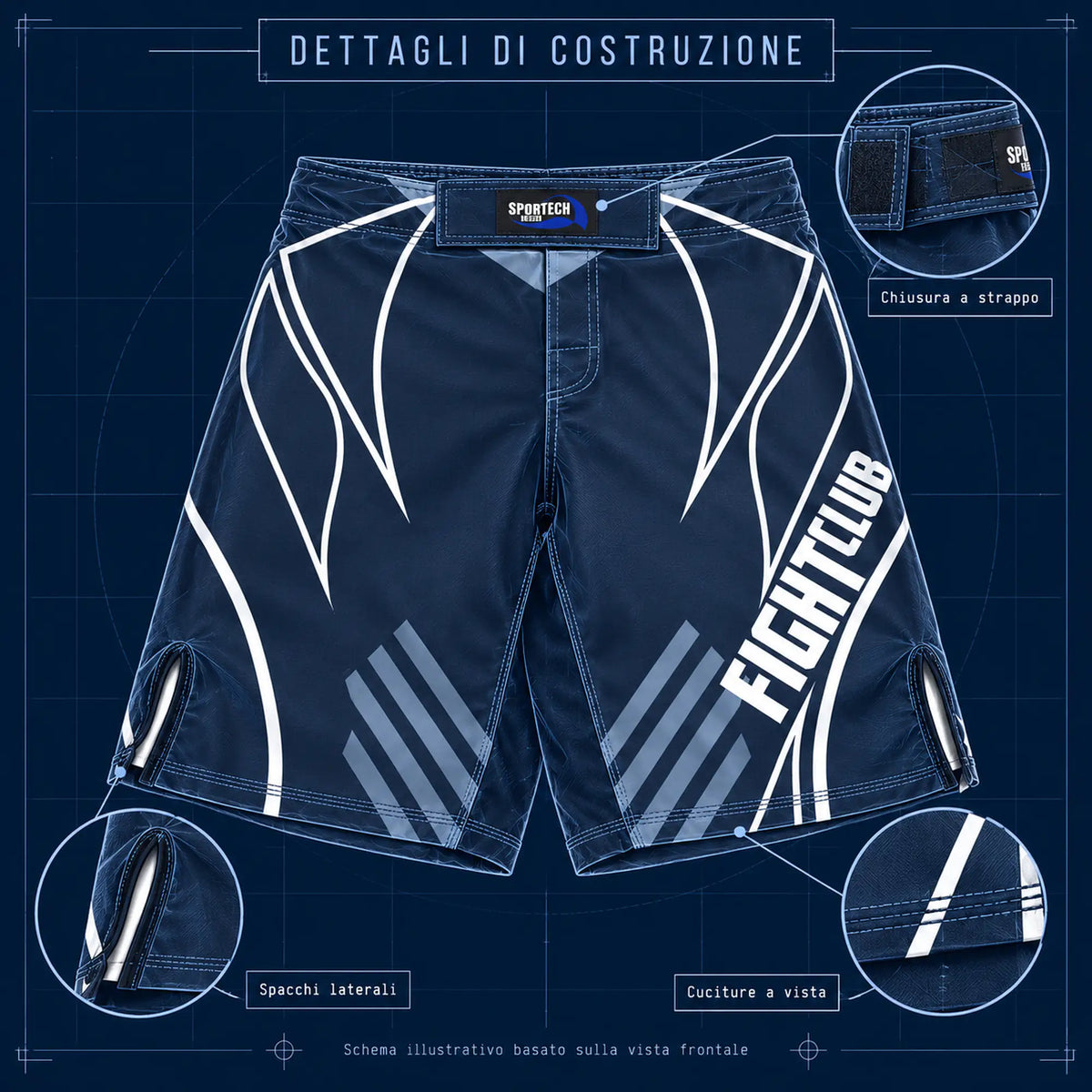 Sportech Italia ST152 - Pantaloncini MMA combattimento UFC shorts Arti Marziali Boxe Kickboxing Muay Thai BJJ dettagli ai raggi x | Punto Fitness Potenza