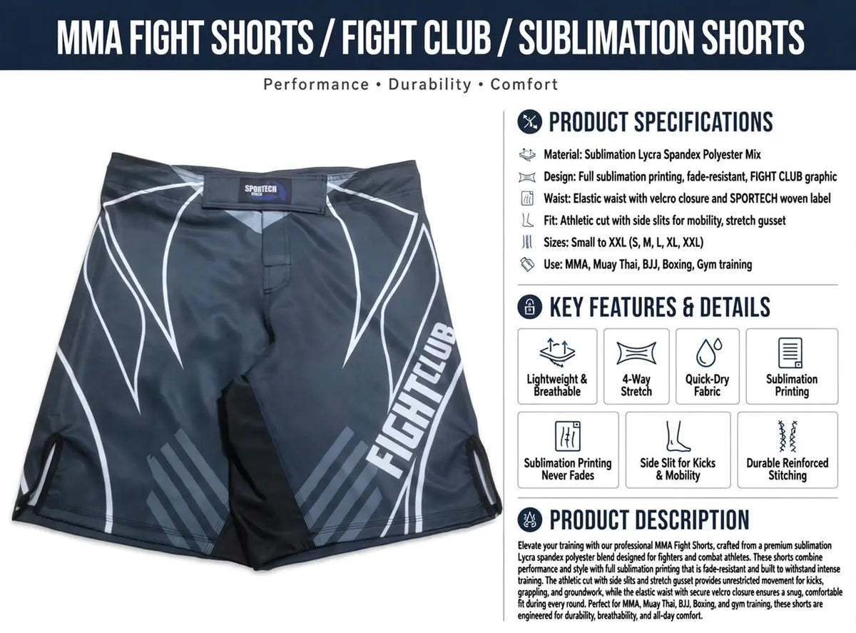 Sportech Italia ST152 - Pantaloncini MMA combattimento UFC shorts Arti Marziali Boxe Kickboxing Muay Thai BJJ dati tecnici | Punto Fitness Potenza