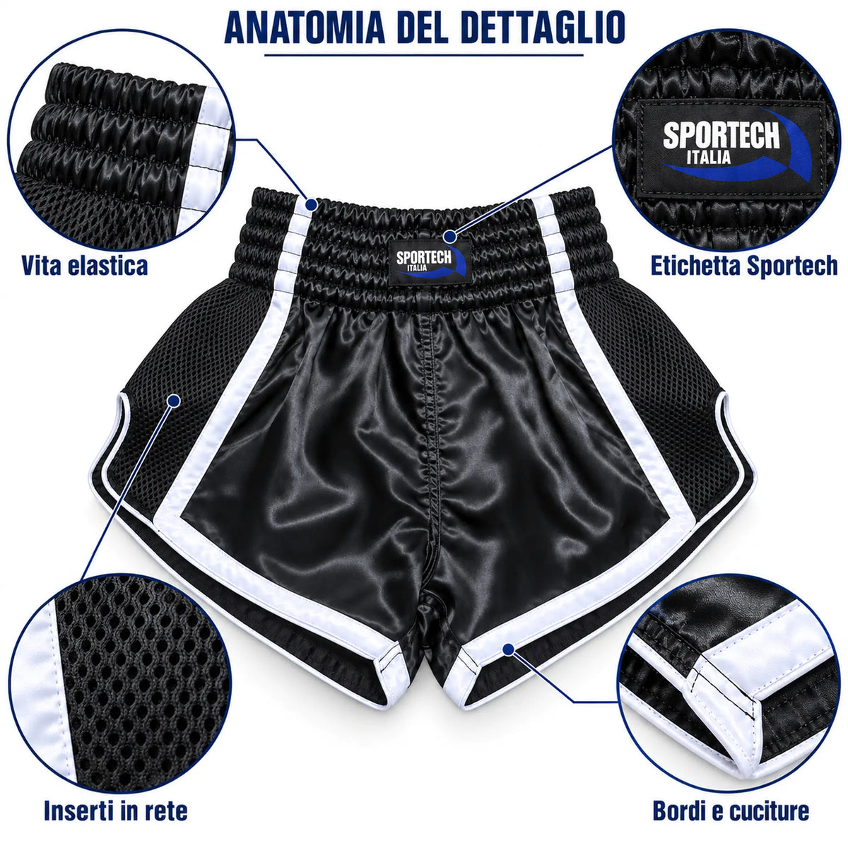 Pantaloncini Muay Thai shorts allenamento Kickboxing MMA dettagli - Sportech Italia ST150 | Punto Fitness Arti Marziali