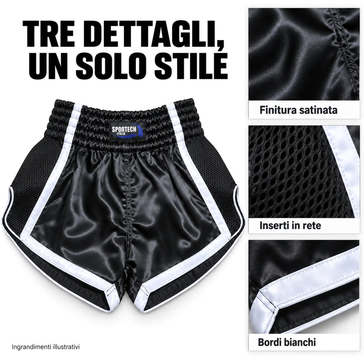 Pantaloncini Muay Thai shorts allenamento Kickboxing MMA dettagli - Sportech Italia ST150 | Punto Fitness Arti Marziali