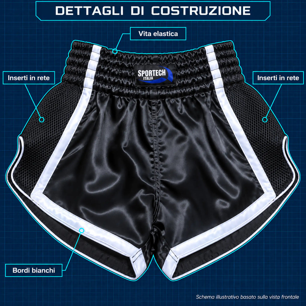 Pantaloncini Muay Thai shorts allenamento Kickboxing MMA dettagli di costruzione - Sportech Italia ST150 | Punto Fitness Arti Marziali