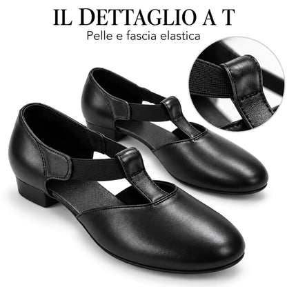 TuttoDanza - Scarpe da Ballo Donna in Vera Pelle per Balli di gruppo Pizzica Swing allaccio a T elasticizzato | Punto Fitness Potenza