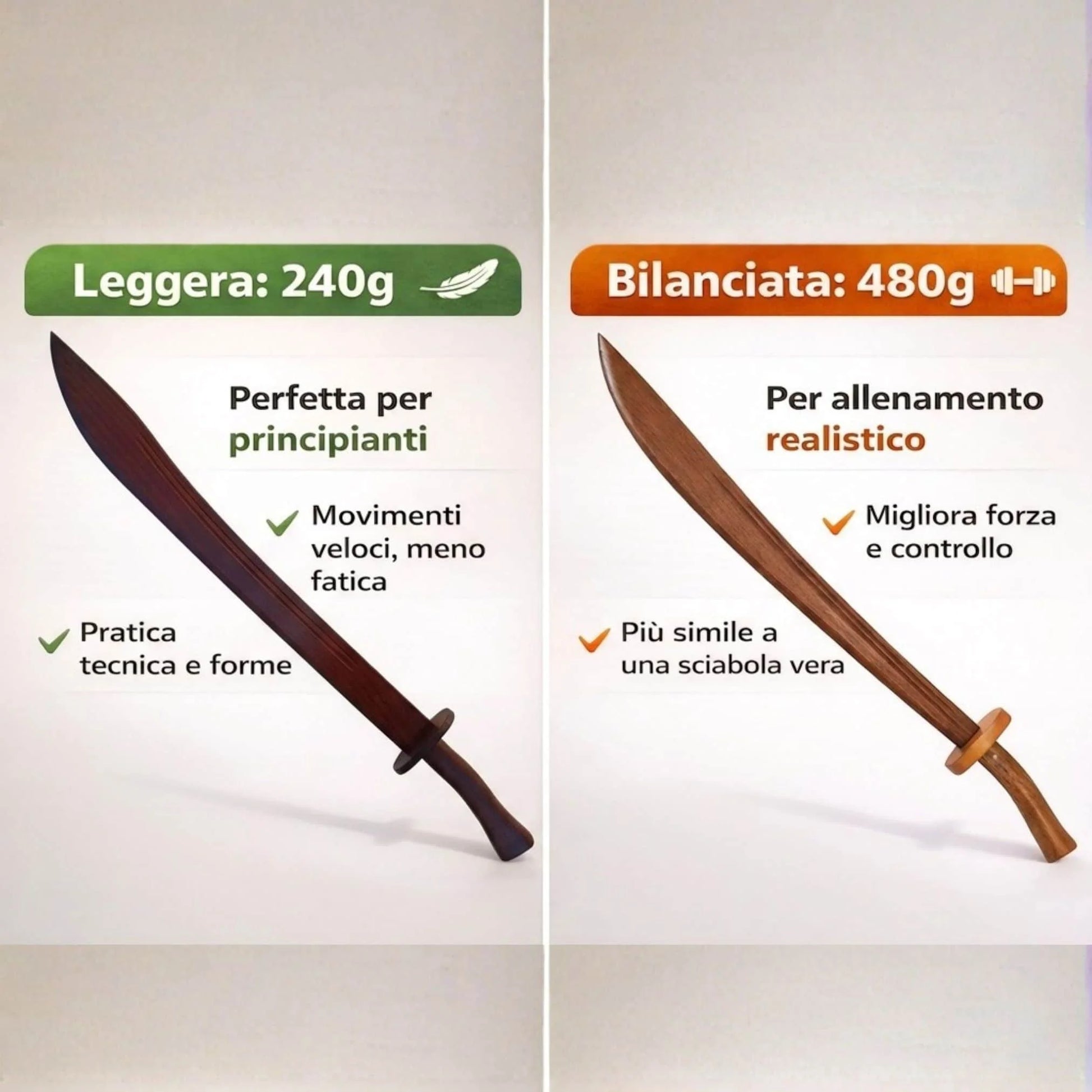 Sportech Italia - Sciabola di legno leggero allenamento Arti Marziali Kung Fu Wushu Tai Chi confronto con modello pesante | Punto Fitness Potenza