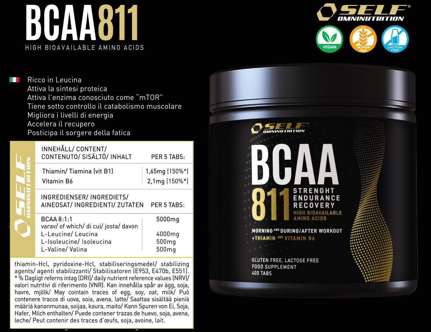 Self BCAA 811 aminoacidi ramificati 400 capsule rapporto 8:1:1, NO lattosio/glutine - Punto Fitness