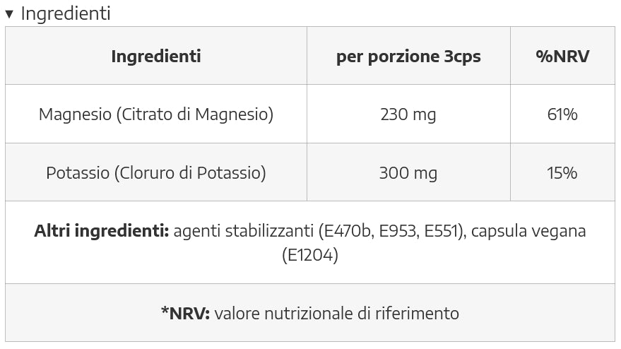 Self Omninutrition POTASSIUM MAGNESUIM in capsule di potassio e magnesio Tabella Nutrizionale - Punto Fitness Potenza