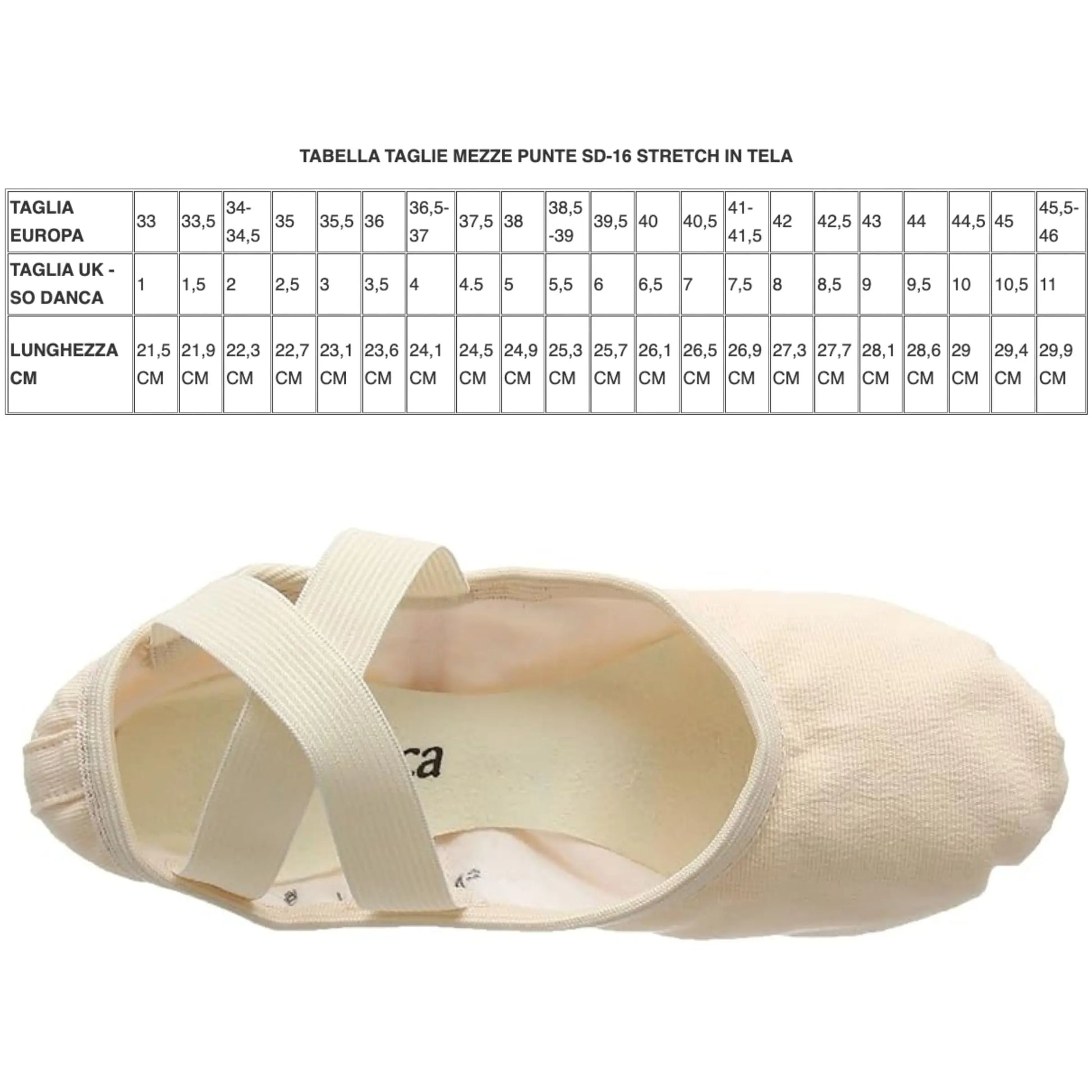 So Danca - Mezze Punte elasticizzate Danza Classica scarpette ballerina SD16 Tabella Conversioni - Punto Fitness Potenza