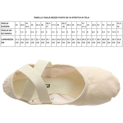 So Danca - Mezze Punte elasticizzate Danza Classica scarpette ballerina SD16 Tabella Conversioni - Punto Fitness Potenza